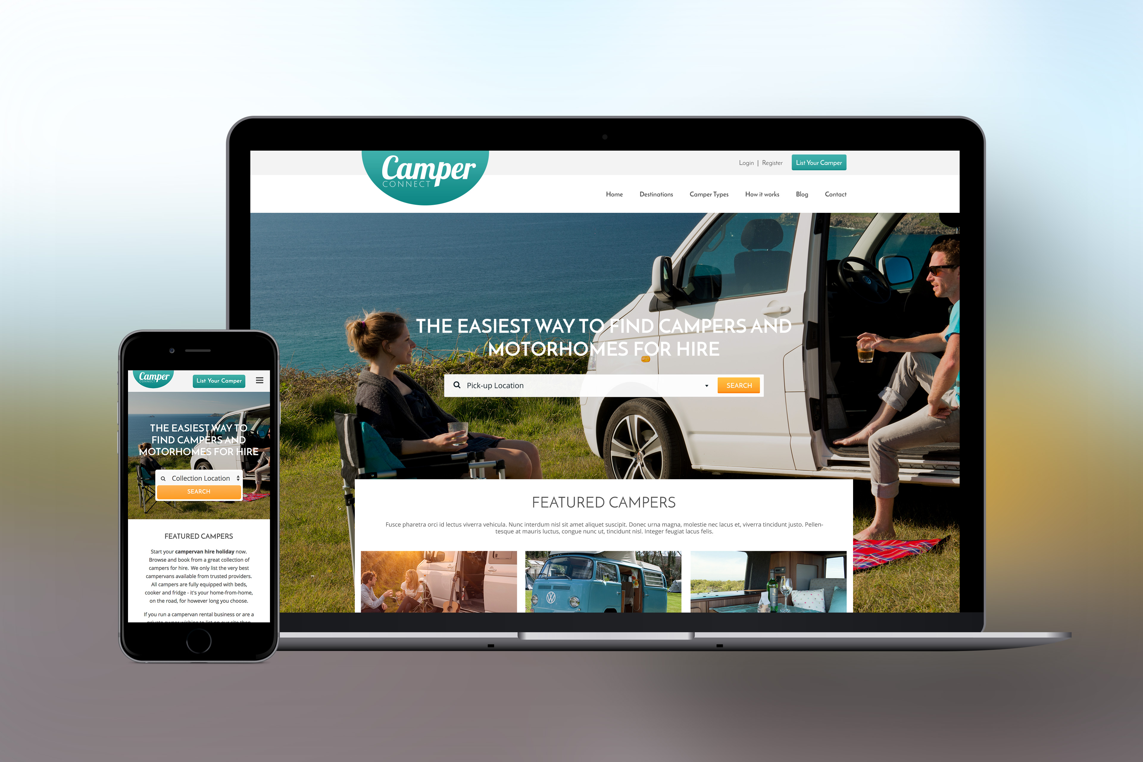 Camper Connect Website Design on Phone and Laptop Devices